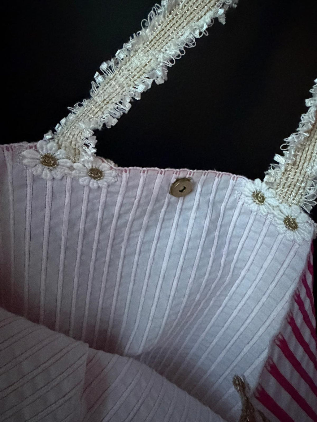 Intérieur sac fait main Lyli Créarti, doublure blanche rayée avec fermeture pression dorée et fleurs en dentelle