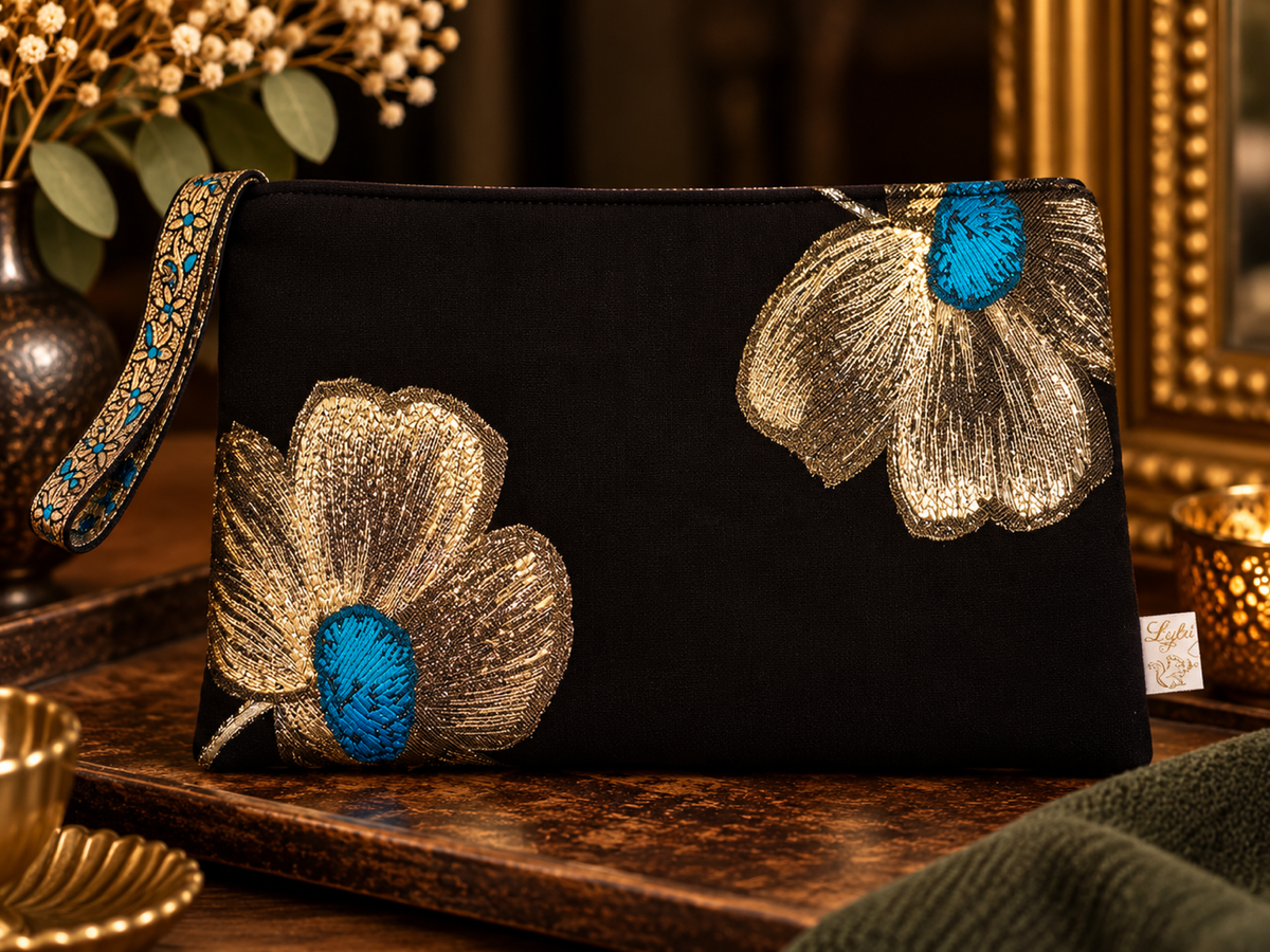 Pochette précieuse – noir, or & bleu turquoise ✨